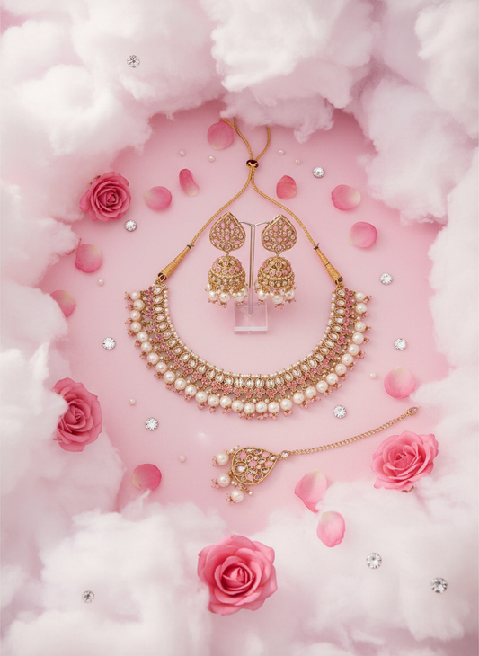 Kundan jewelry with pink clouds - variation 4
