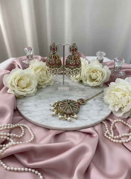 Kundan jewelry with roses and peonies setup