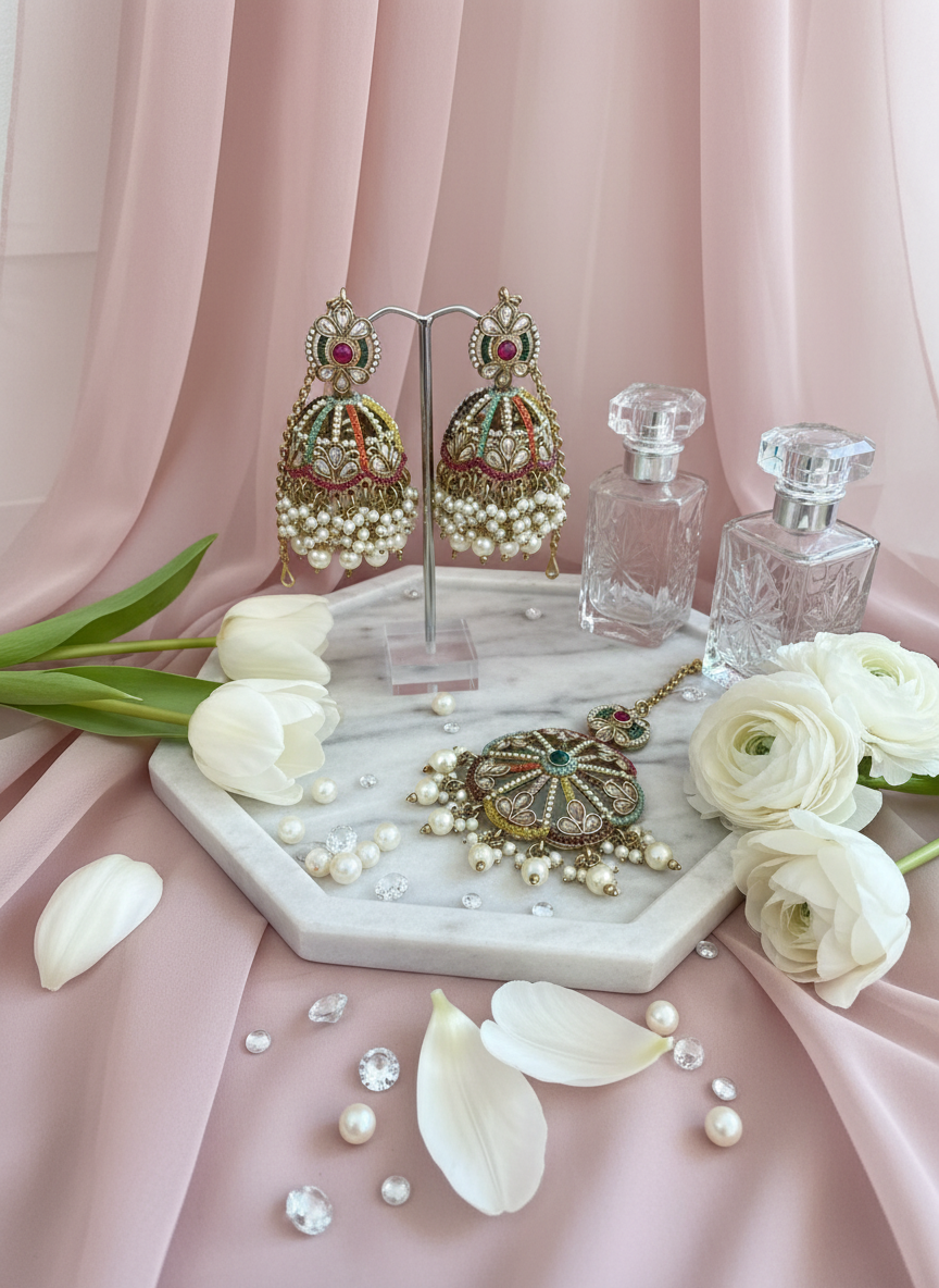 Kundan jewelry with tulips and art deco styling
