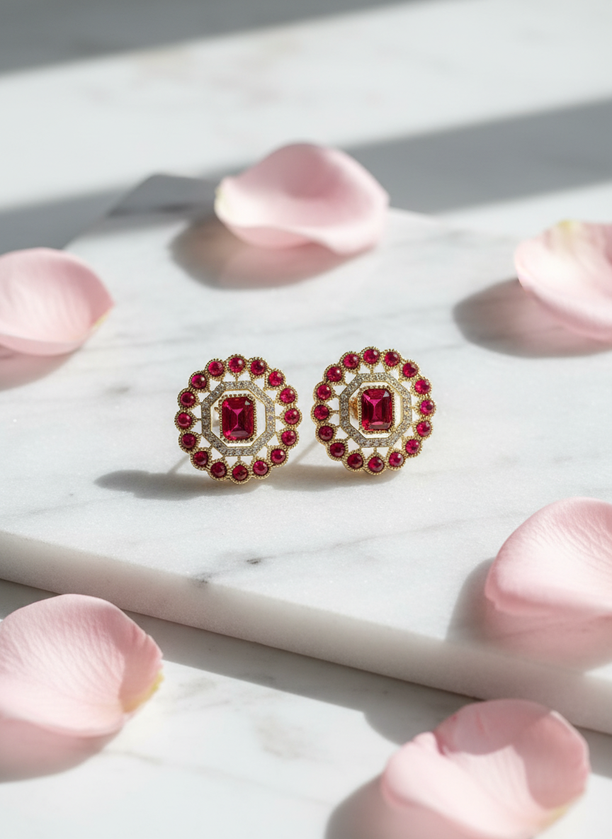 Luxury display of ruby and gold stud earrings