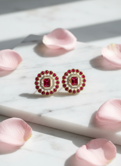 Luxury display of ruby and gold stud earrings
