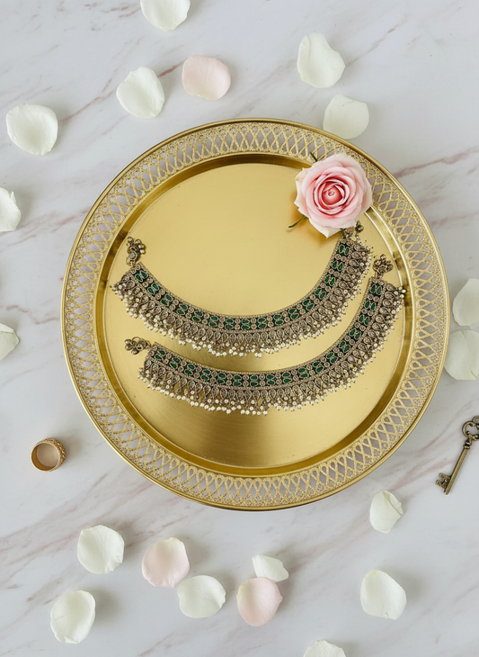 Luxury Green Kundan Payal on Gold Tray