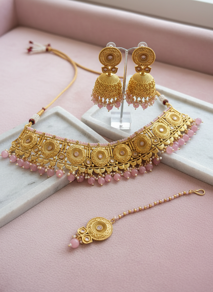 Luxury jewelry set on pastel pink setup