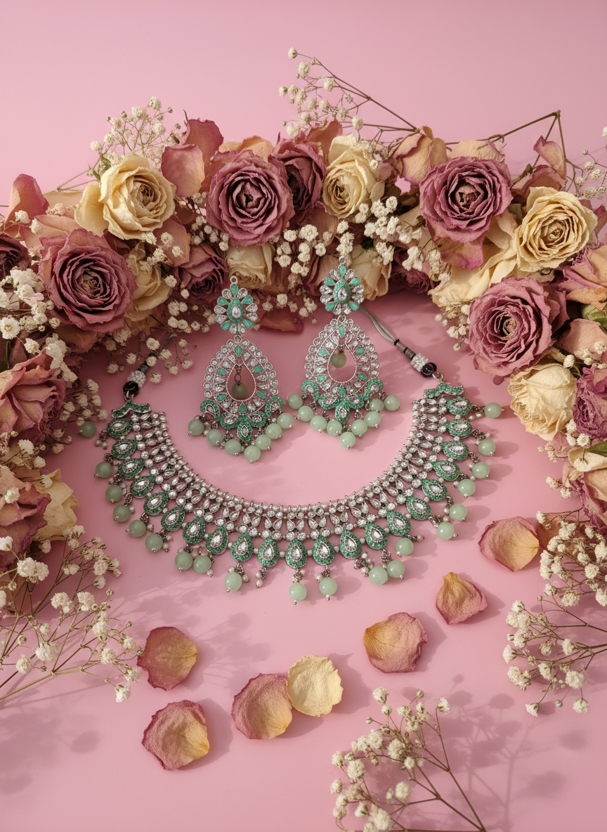 Luxury setup with necklace strings concealed by flowers