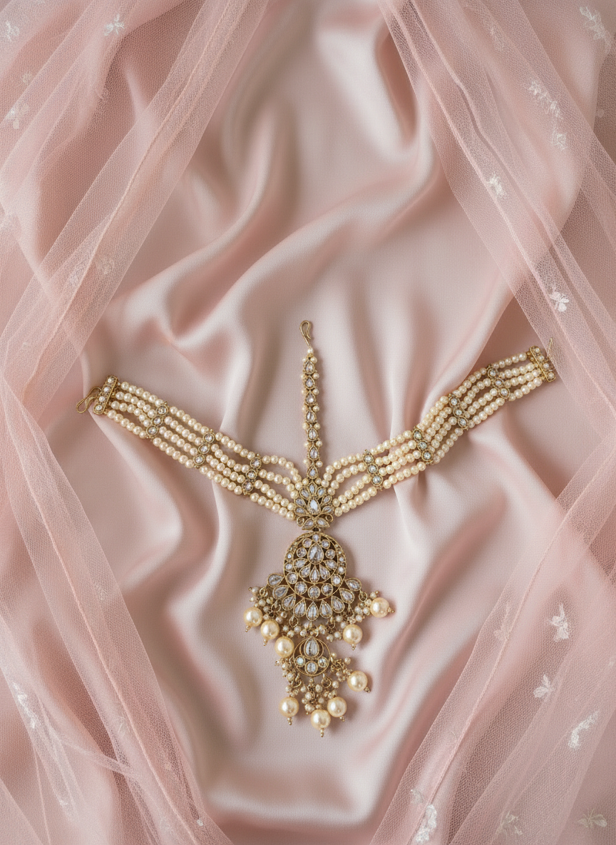 Maang Tikka on Pastel Pink Silk and Tulle