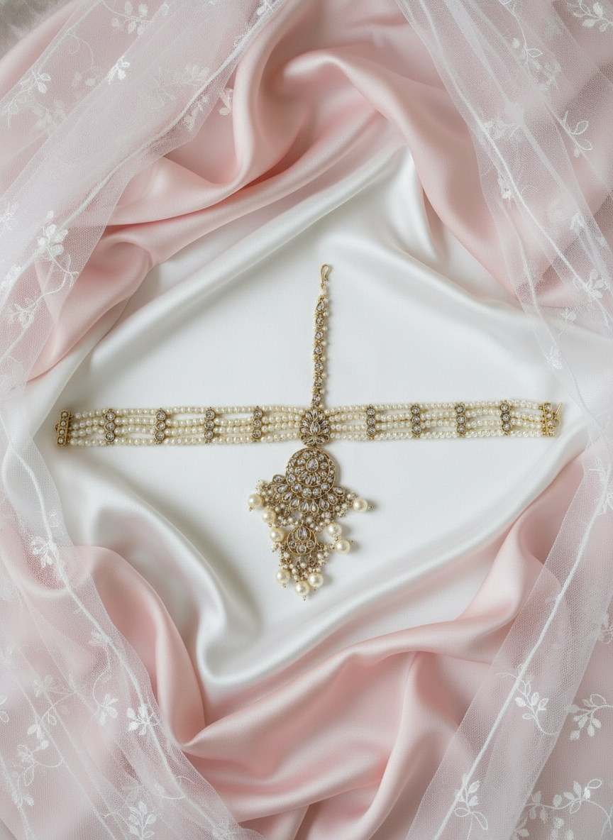 Maang Tikka with Pearl Headband on Pastel Pink Silk