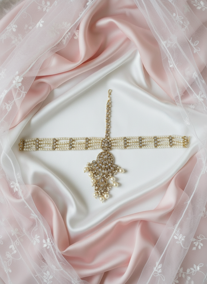 Maang Tikka with Pearl Headband on Pastel Pink Silk