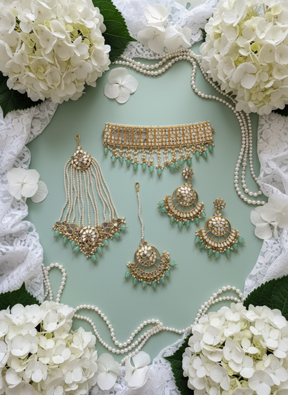 Mint green styled jewellery with hydrangeas and lace
