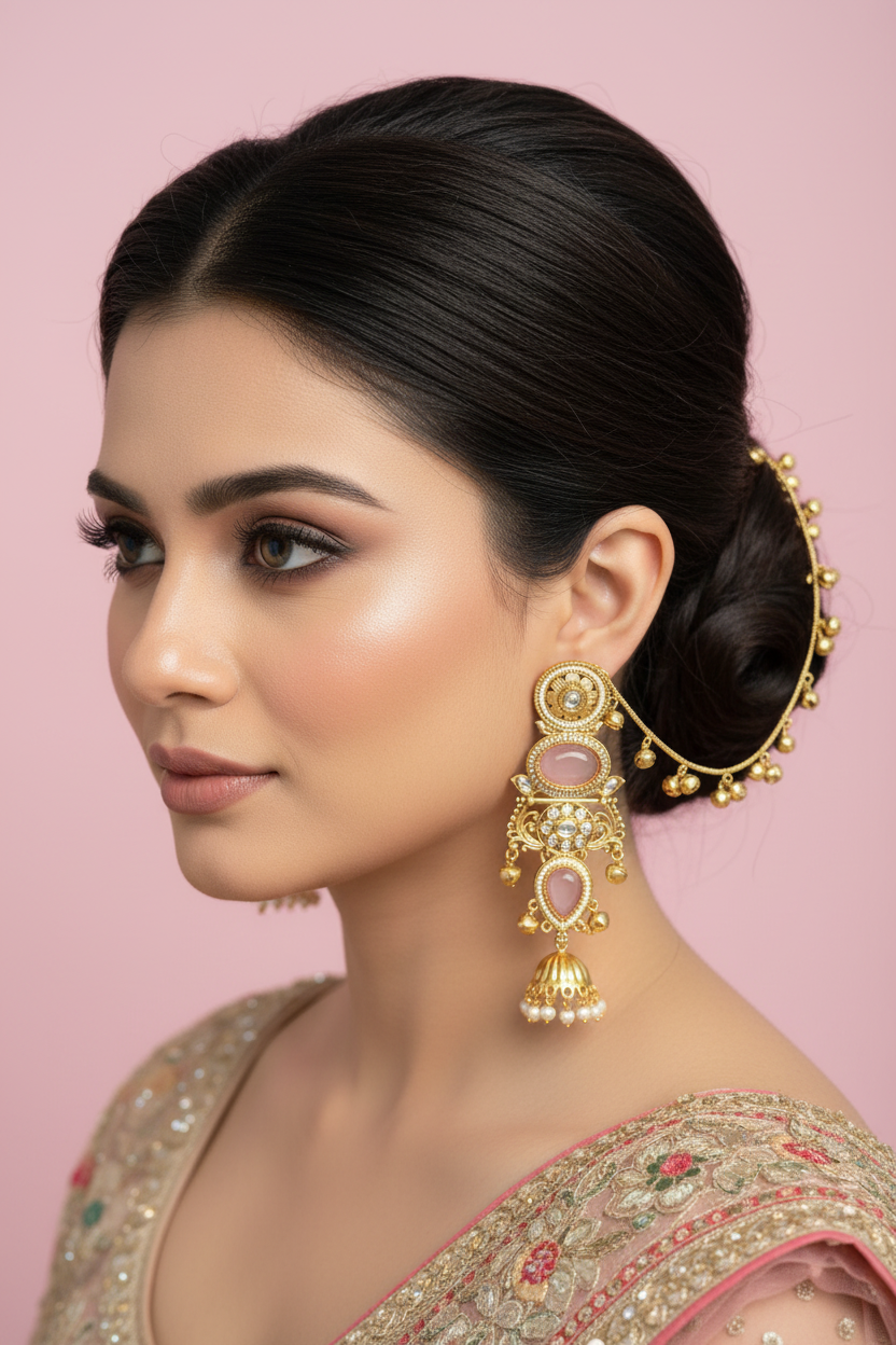 Model wearing ear chains - front