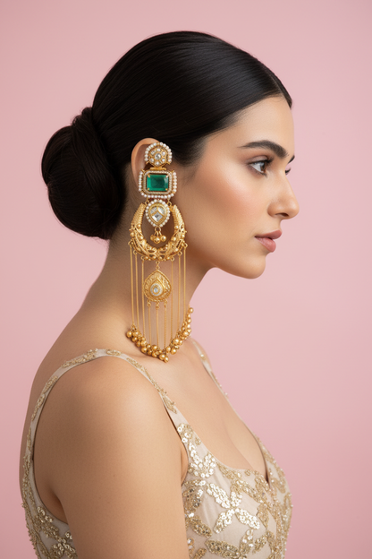 Model wearing earrings - full side view