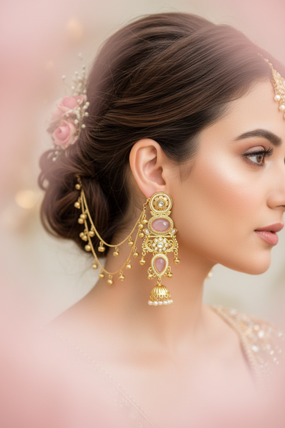 Model with double-chain ear chains - close-up