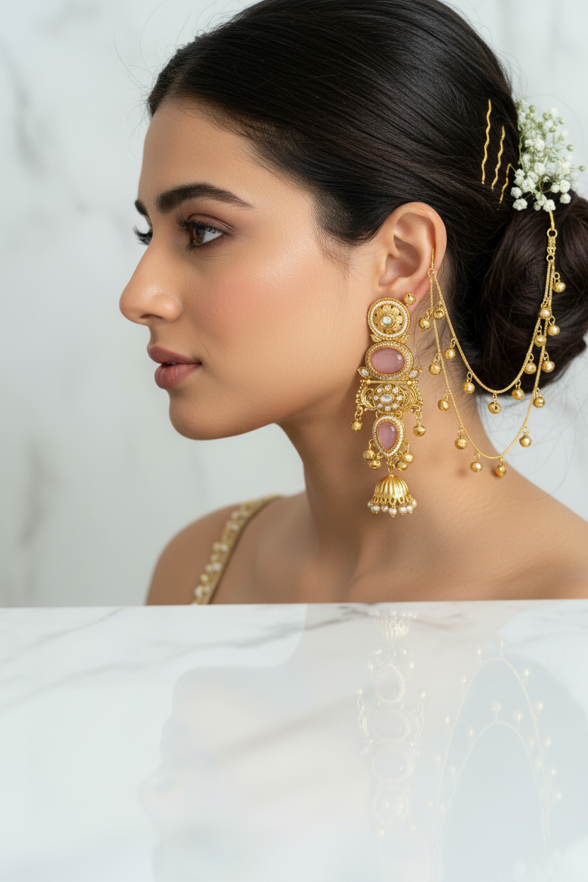 Model with double-chain ear chains - side
