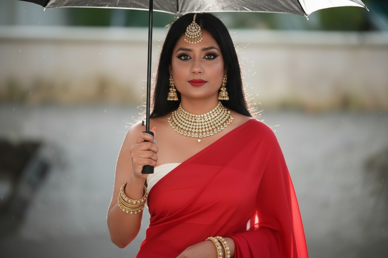 Model with enhanced makeup and new jewellery