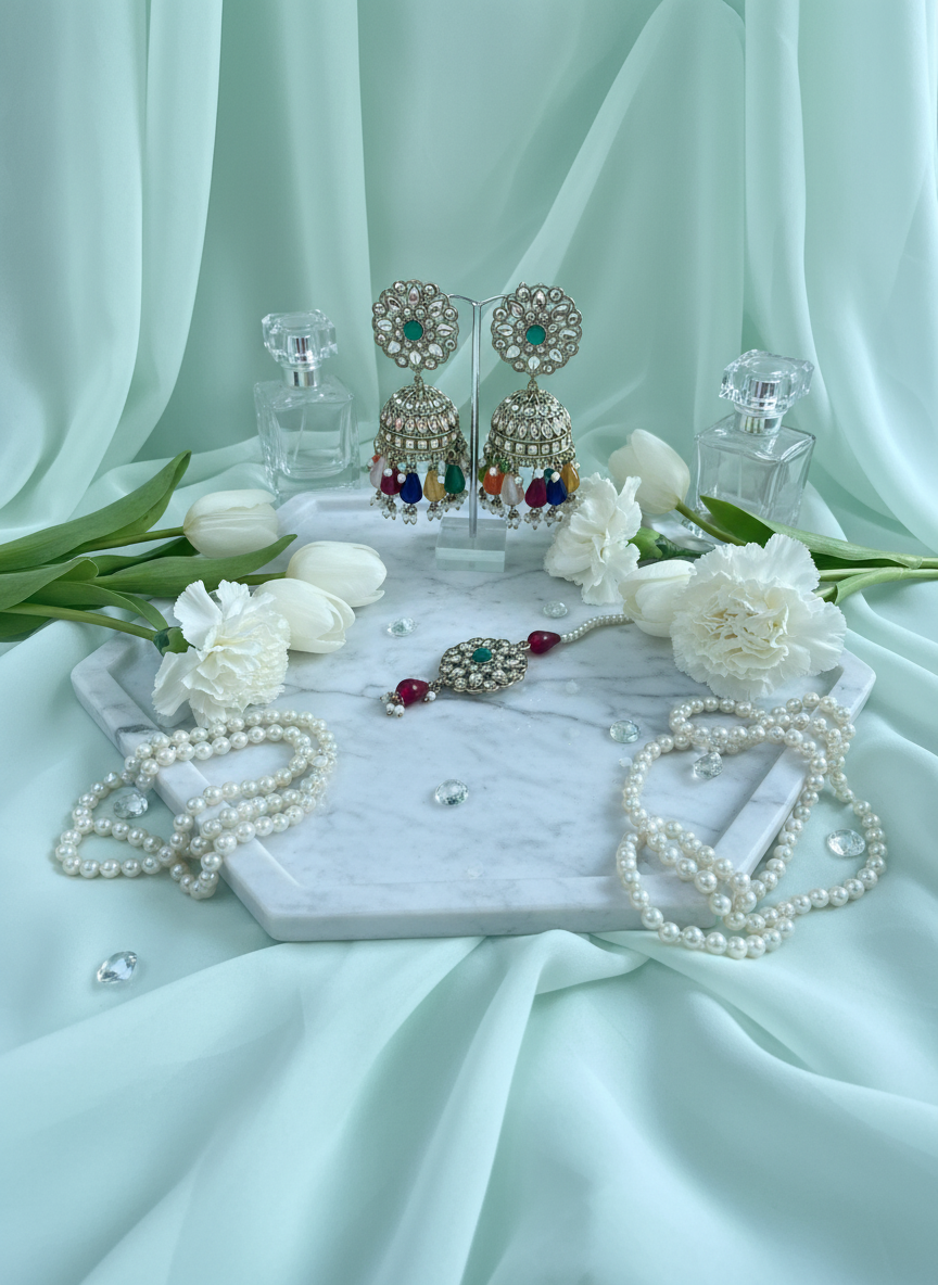 Multicolor kundan jewelry on mint chiffon with tulips