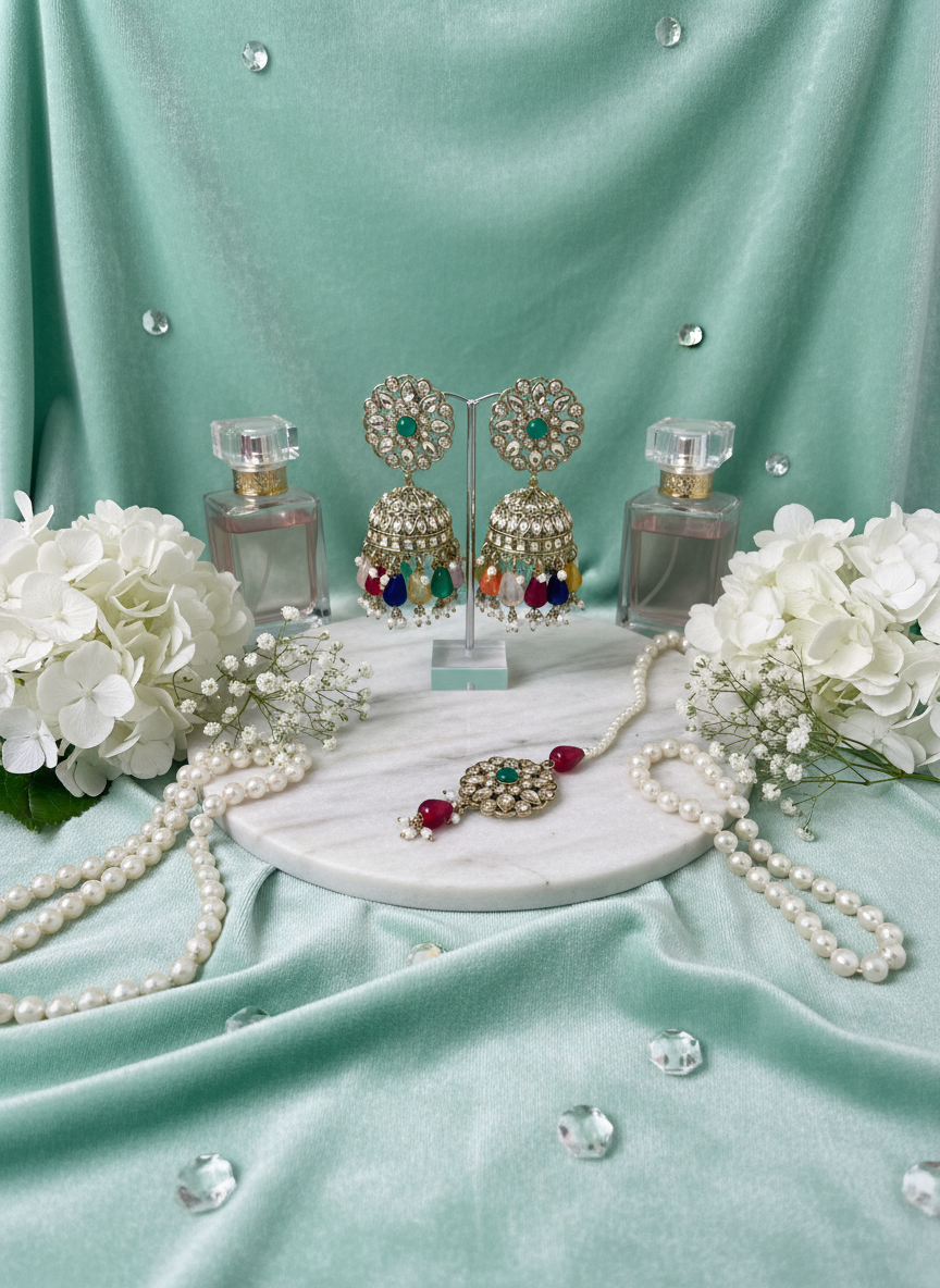 Multicolor kundan jewelry on mint velvet with hydrangeas