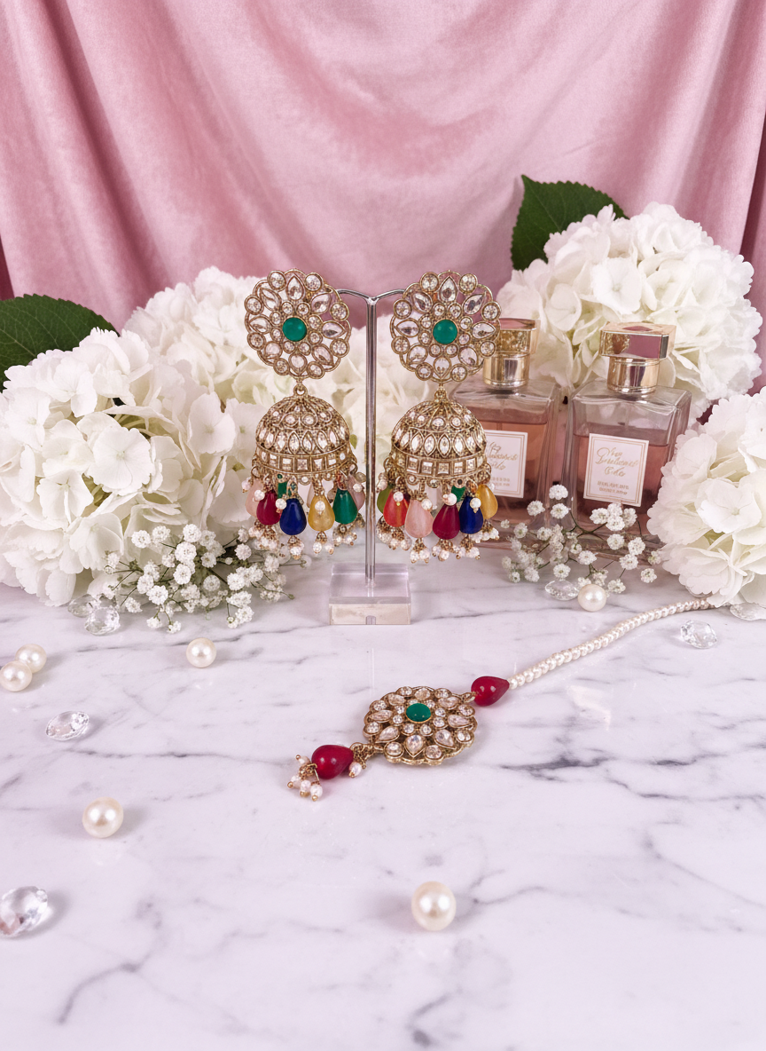 Multicolor kundan jewelry with hydrangeas on velvet