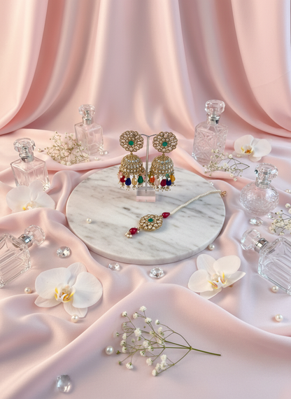 Multicolor kundan jewelry with orchids setup