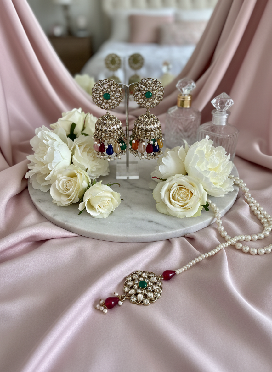 Multicolor kundan jewelry with roses and satin