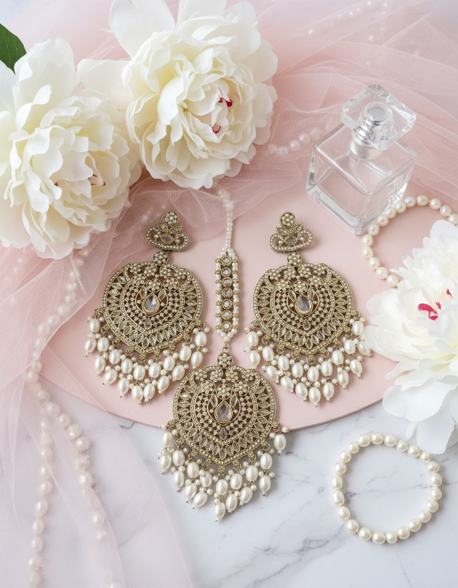 Oversized Earrings & Tikka Set in Gold & Pearls