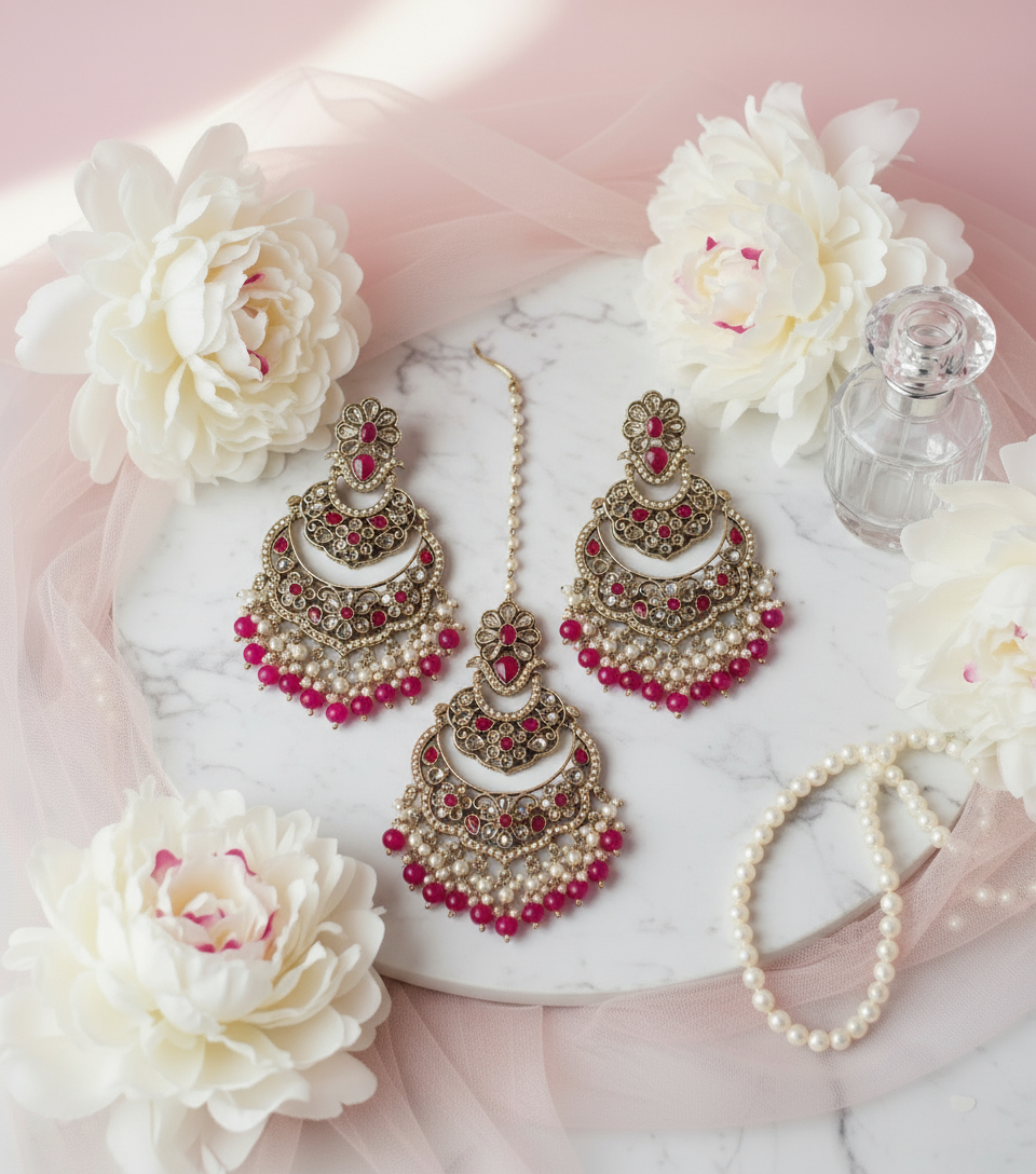 Oversized Earrings & Tikka Set in Hot Pink