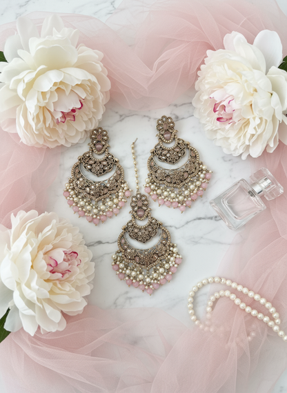 Oversized Earrings & Tikka Set in Pastel Pink