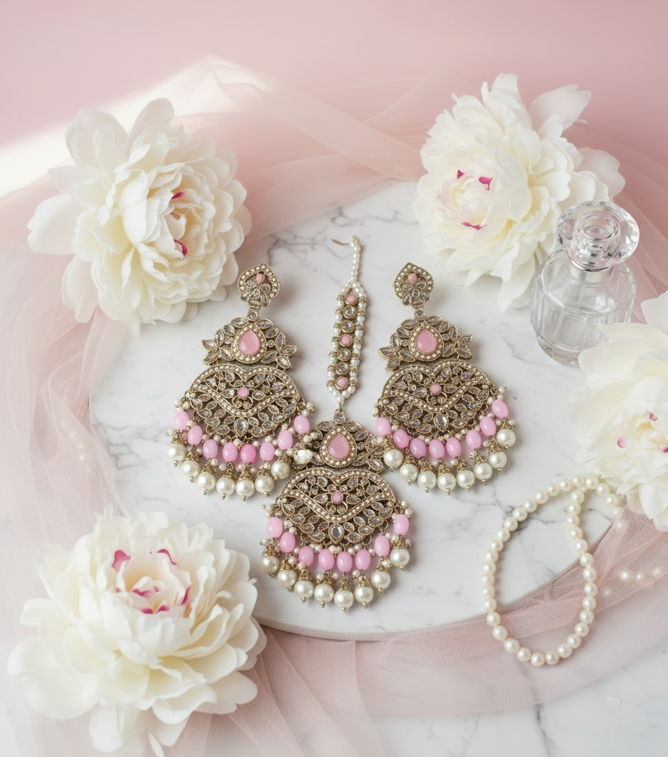 Oversized Earrings & Tikka Set in Pastel Pink