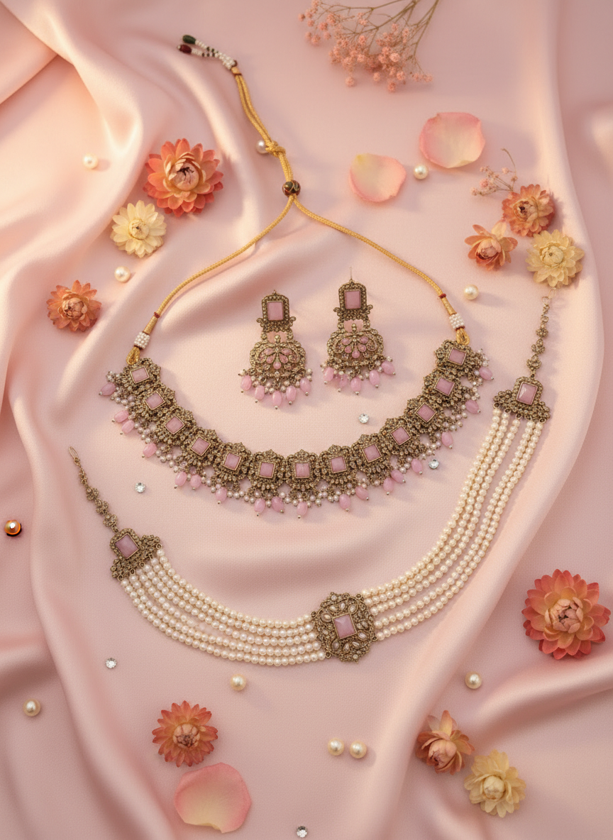 Pink Gemstone Bridal Jewelry Set - Romantic Styled Background