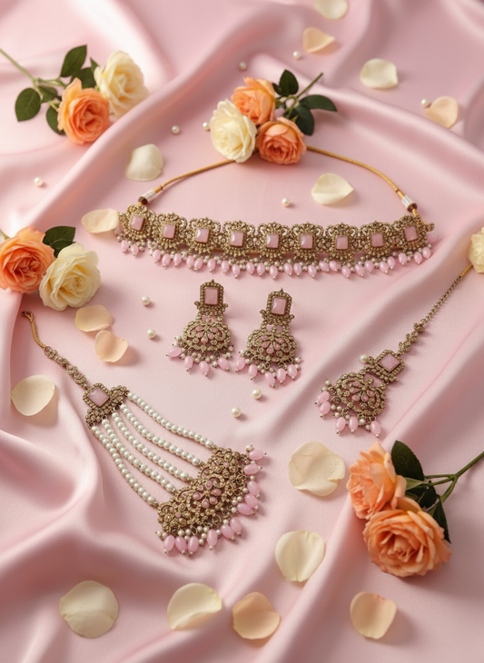 Pink Gemstone Bridal Jewelry Set - Styled with Flowers