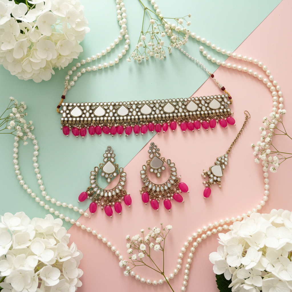 Pink Stone Jewelry Set - Diagonal Layout