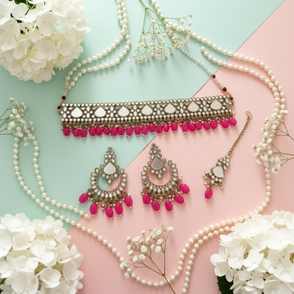 Pink Stone Jewelry Set - Diagonal Layout