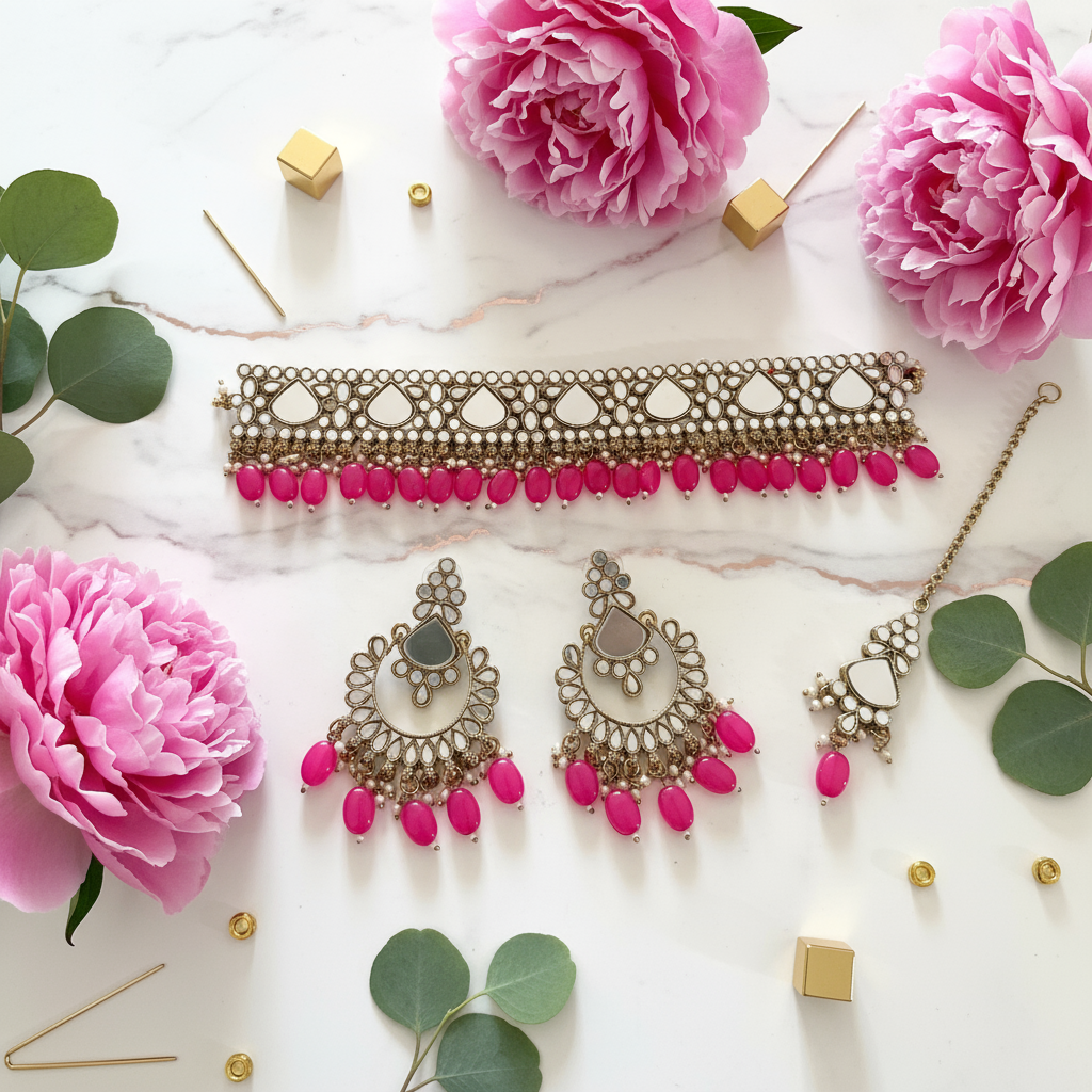 Pink Stone Jewelry Set - Marble Background
