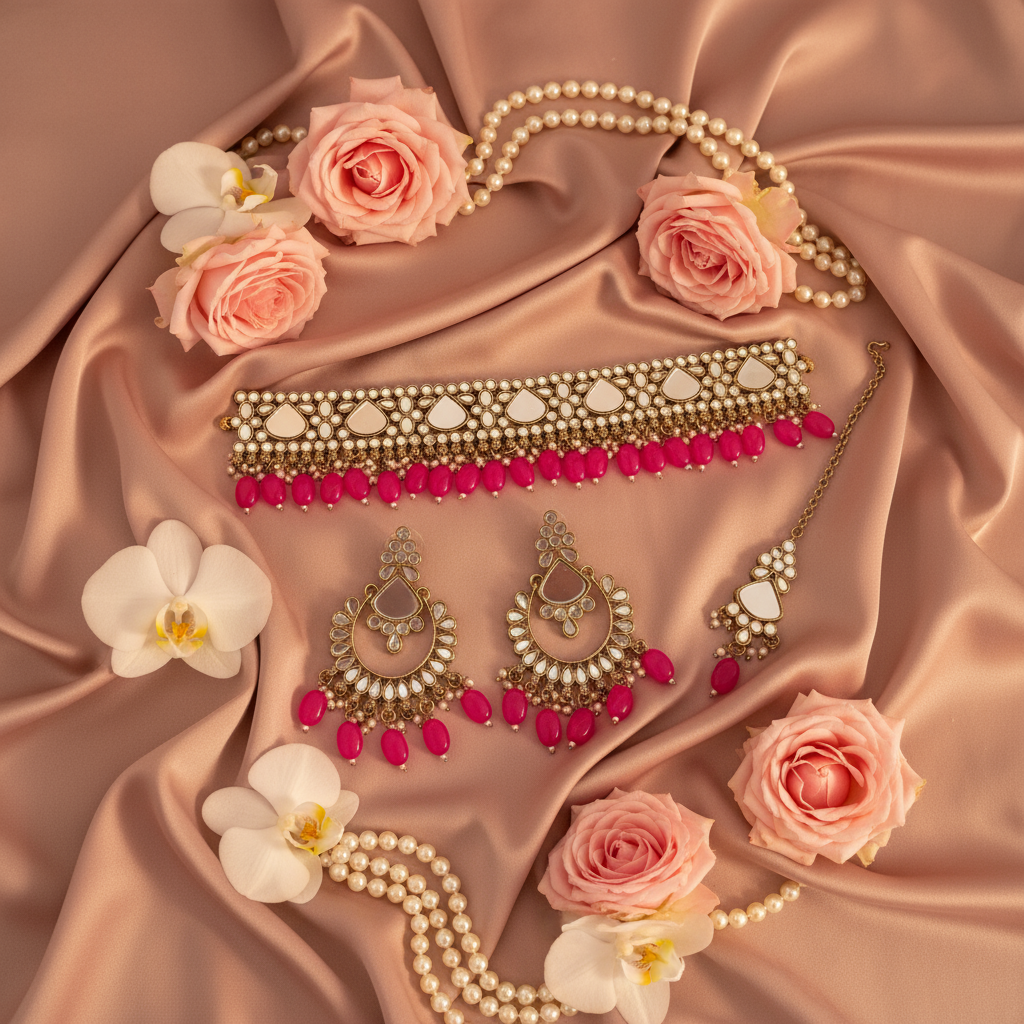 Pink Stone Jewelry Set - Silk Background