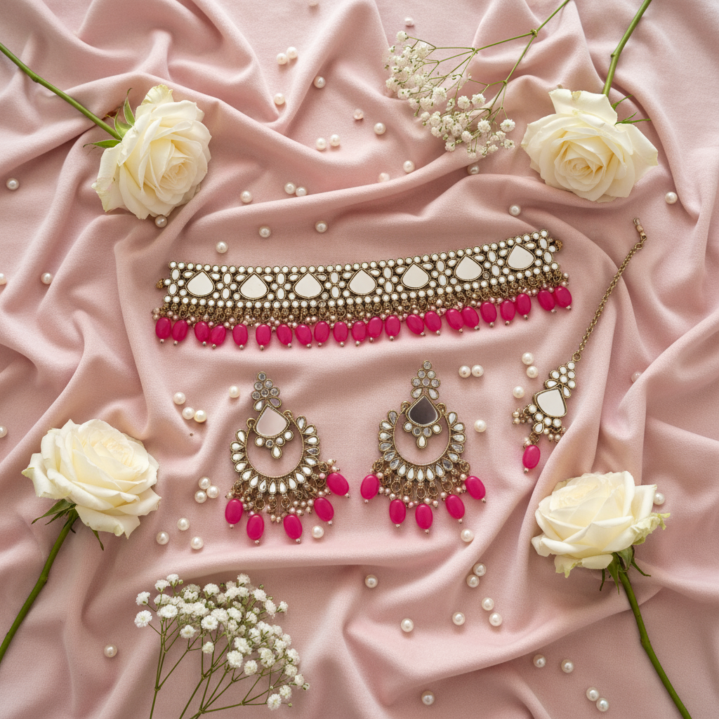 Pink Stone Jewelry Set - Velvet Background