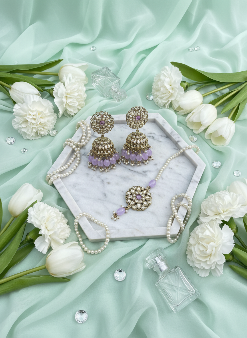 Purple kundan jewelry on mint chiffon with tulips