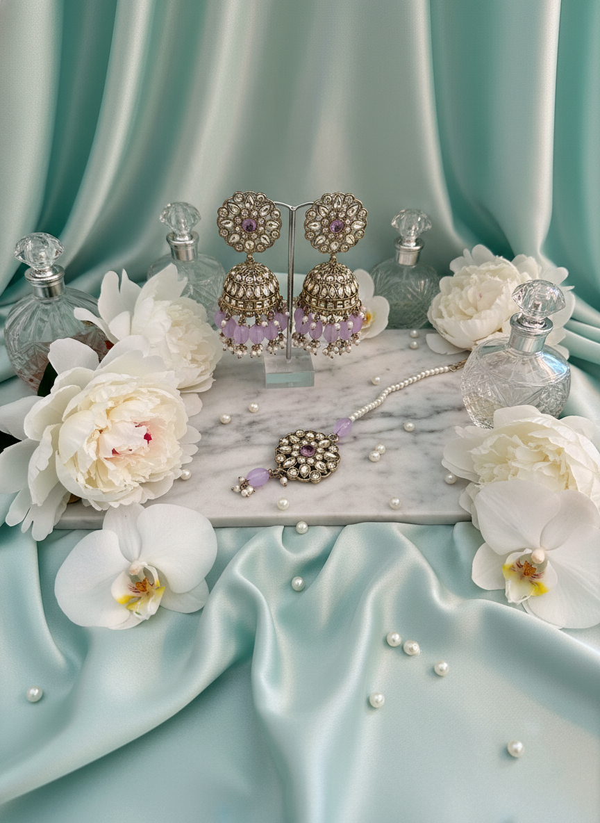 Purple kundan jewelry on seafoam mint with peonies