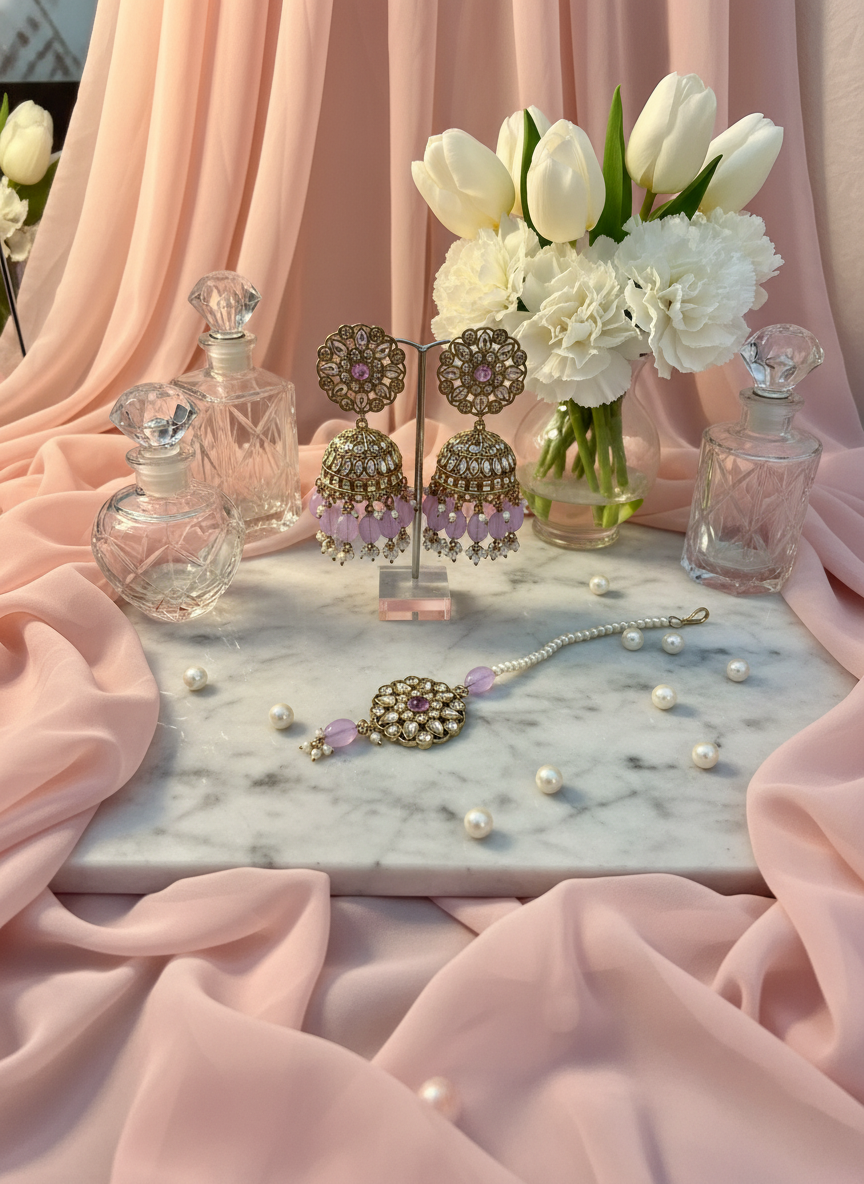 Purple kundan jewelry with tulips and chiffon