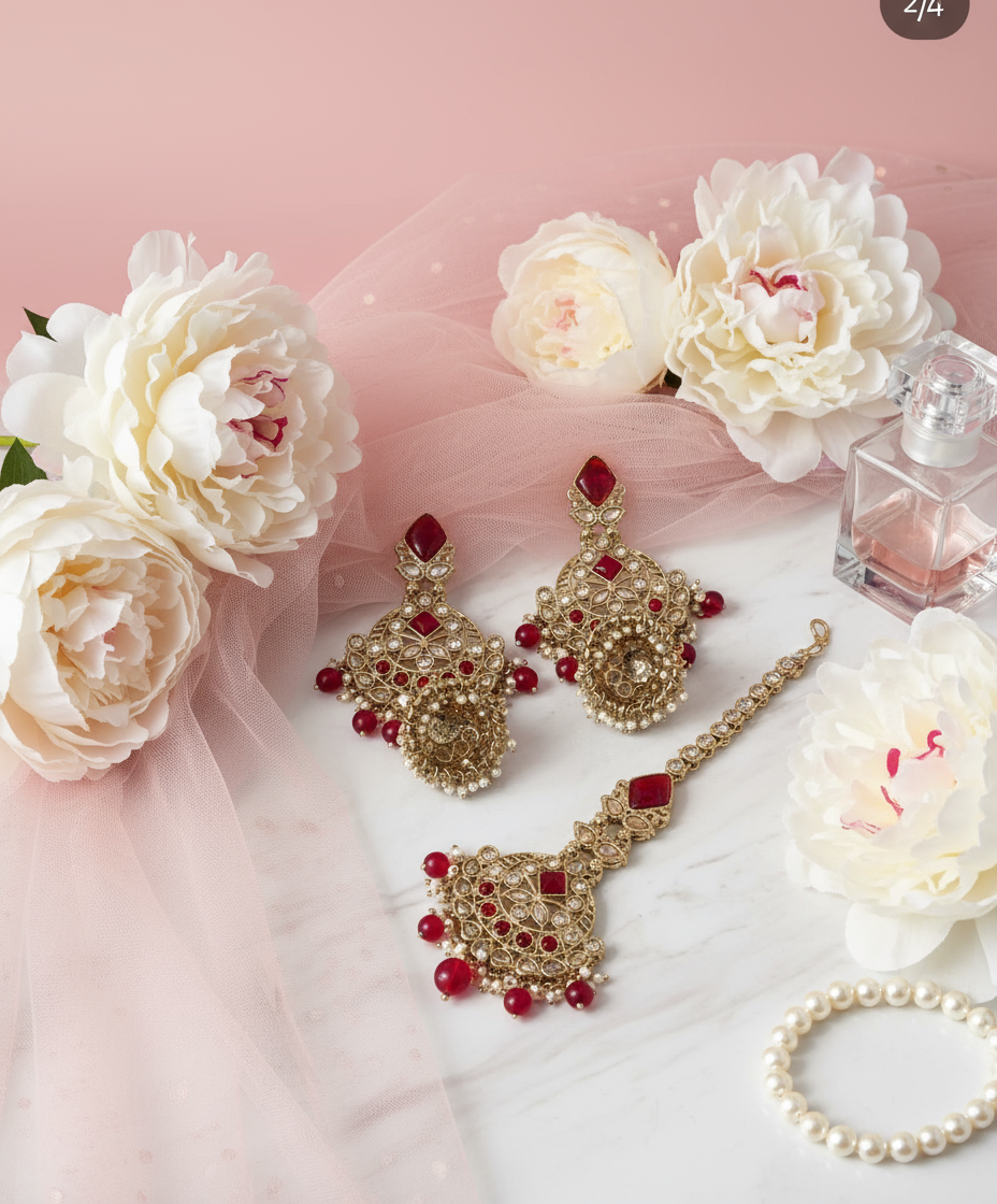 Red & Gold Jhumki Earrings Tikka Set - Corrected