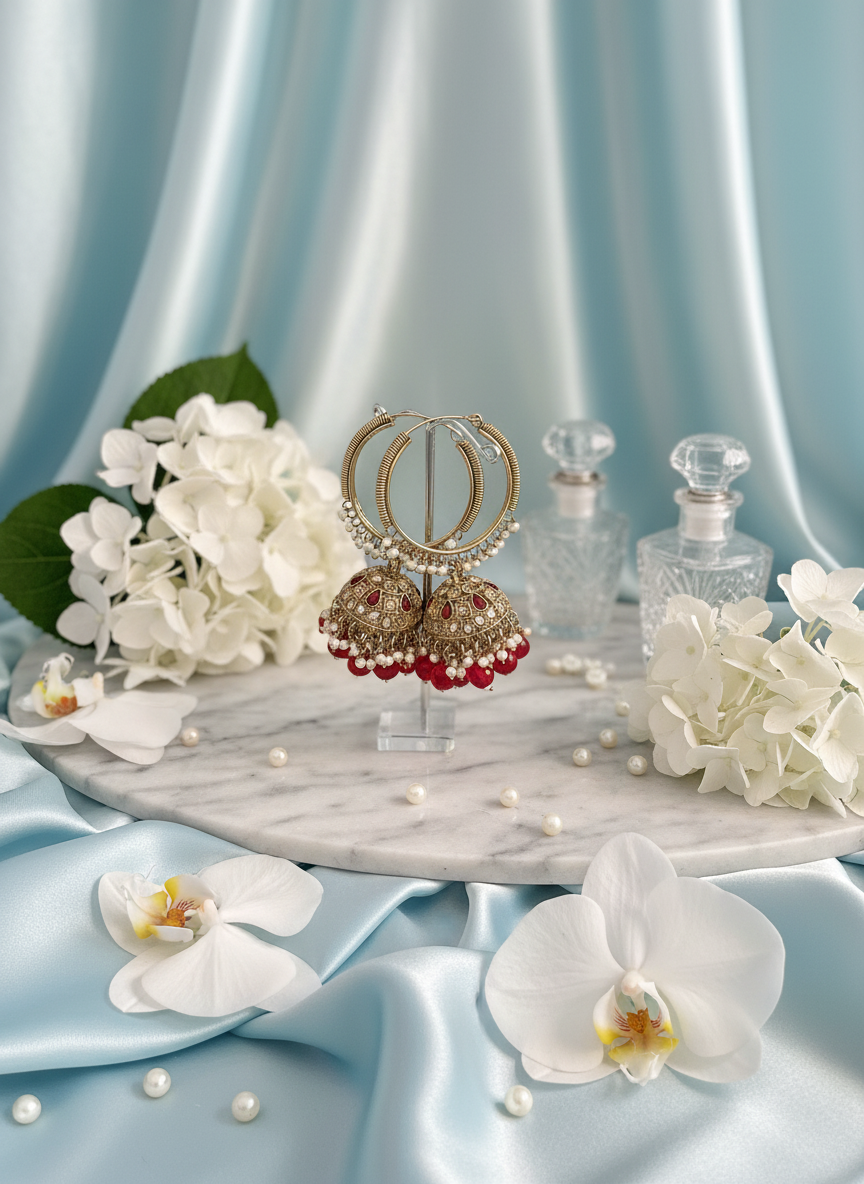 Red kundan bali earrings on pastel blue