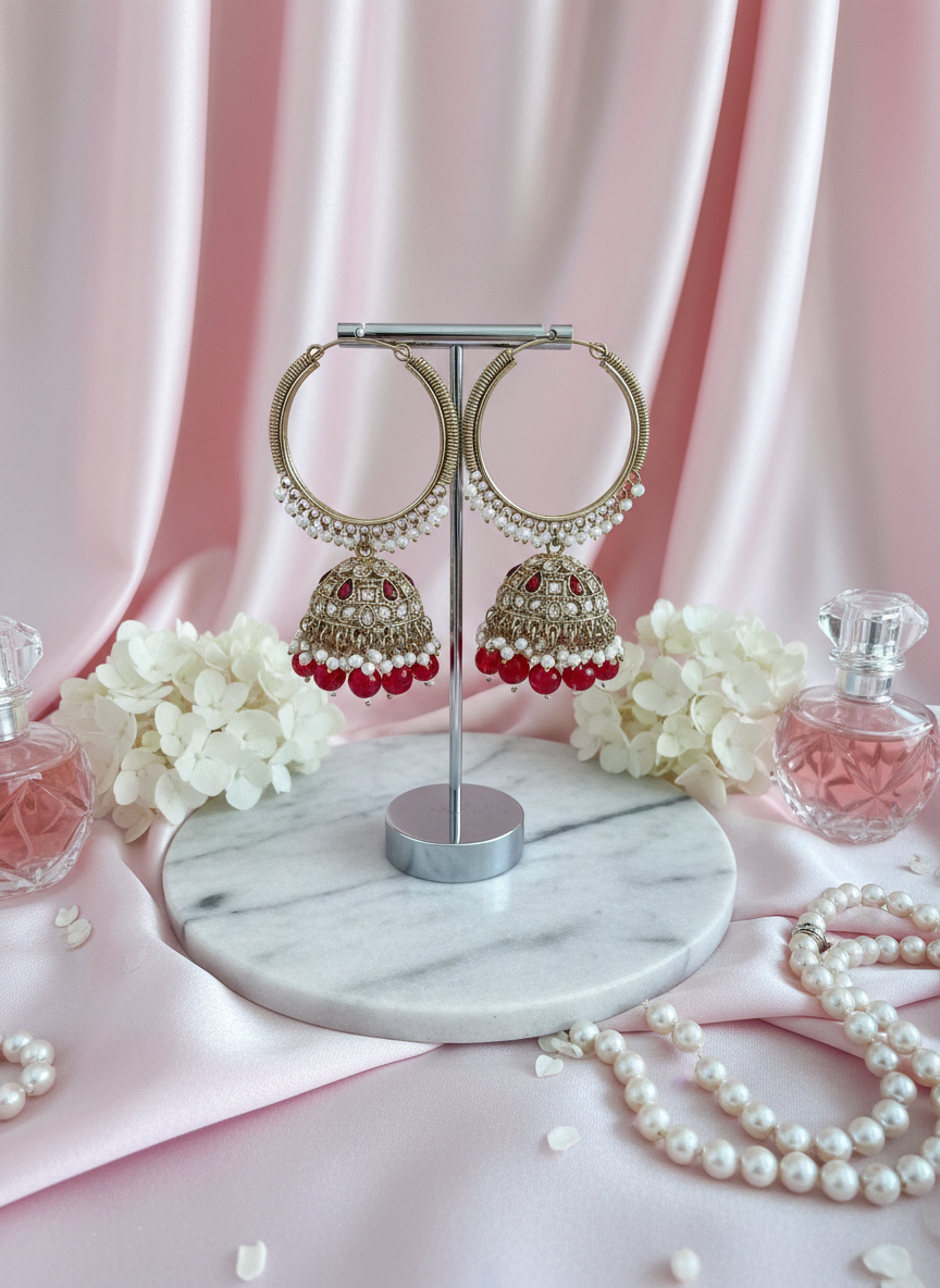 Red kundan bali earrings with hydrangeas setup