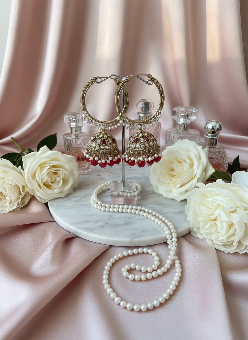 Red kundan bali earrings with roses and satin