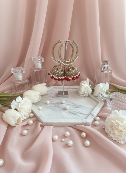 Red kundan bali earrings with tulips and chiffon