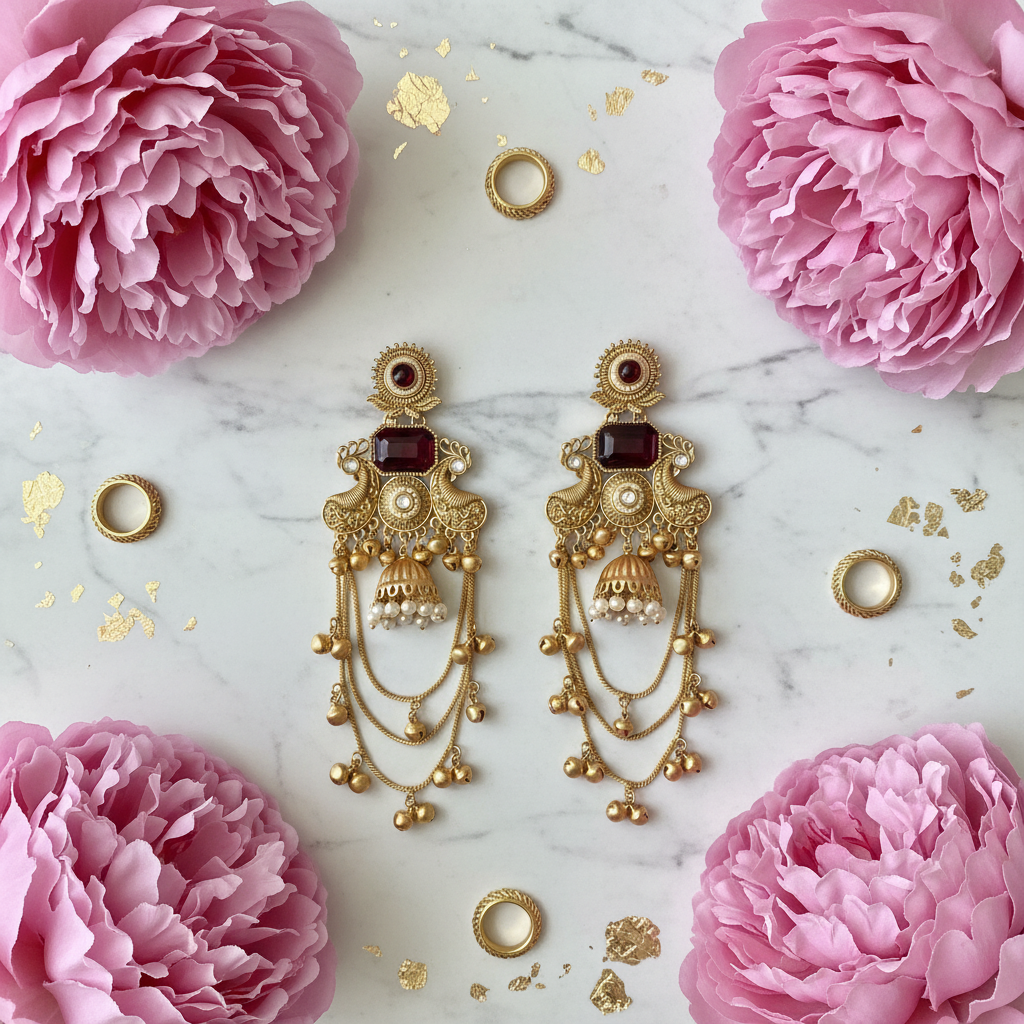 Red Maroon Stone - Actual Earrings Marble Flat Lay