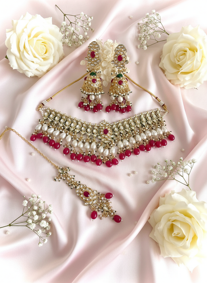 Red Stone Jewelry Set - Pastel Pink with Cream Roses
