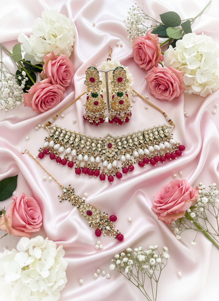 Red Stone Jewelry Set - Pastel Pink with Mixed Florals