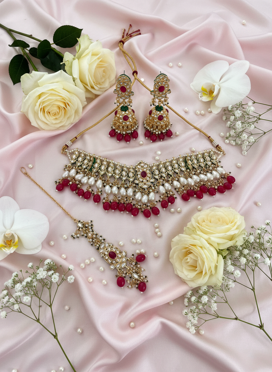 Red Stone Jewelry Set - Pastel Pink with Orchids