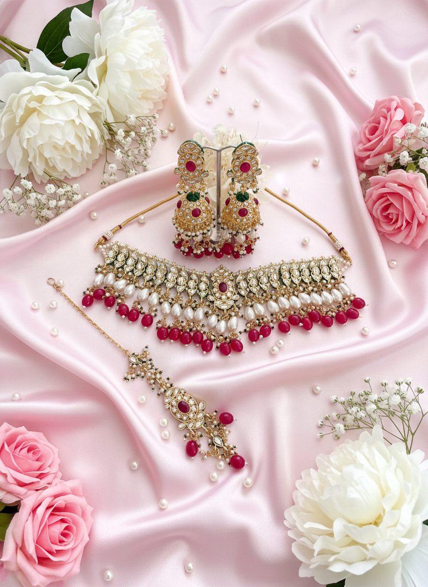 Red Stone Jewelry Set - Pastel Pink with Peonies