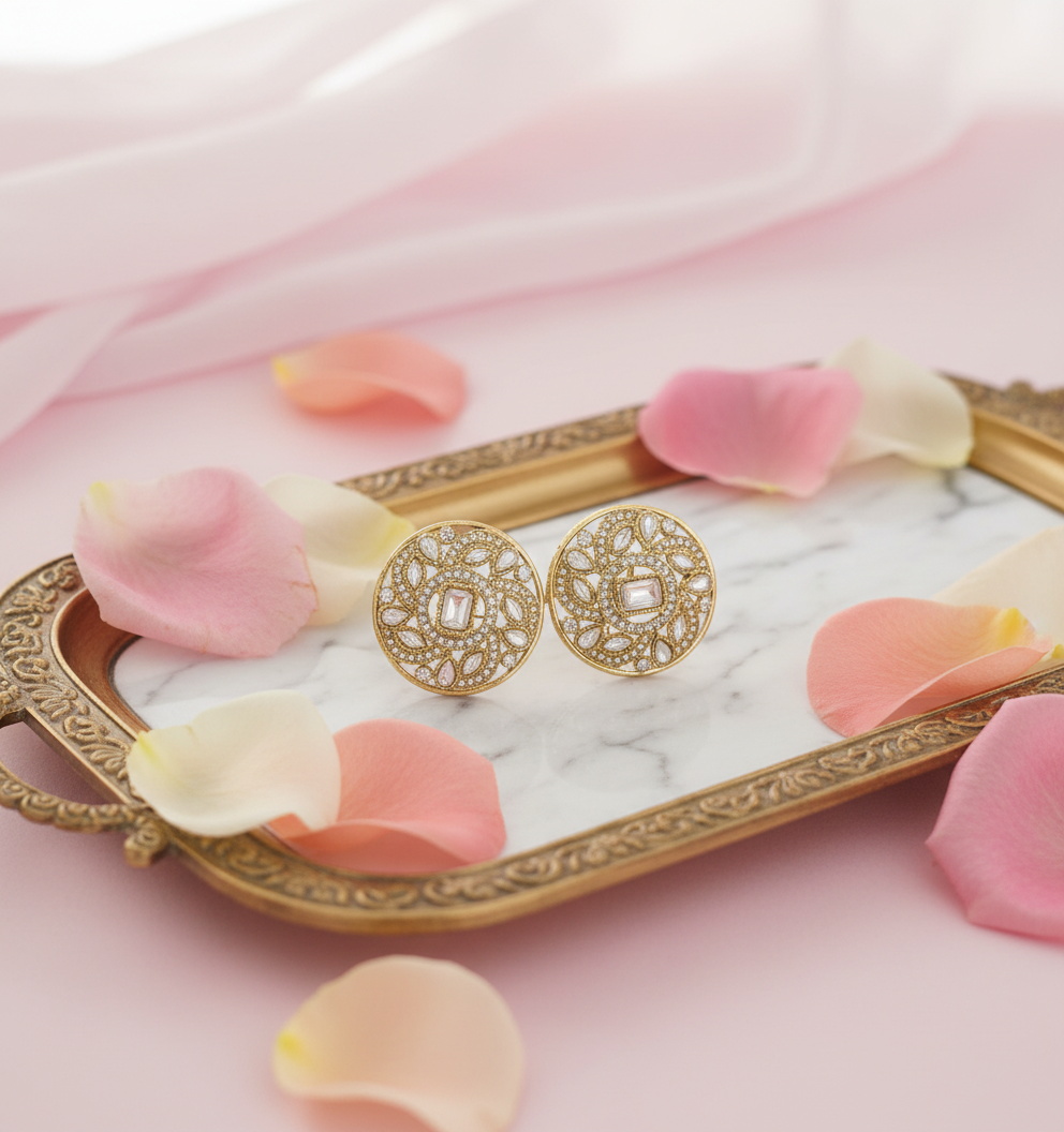 Romantic styling with rose petals on gold tray