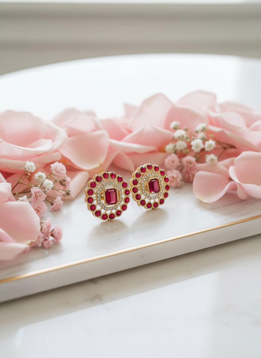 Ruby and gold studs on luxury jewelry tray