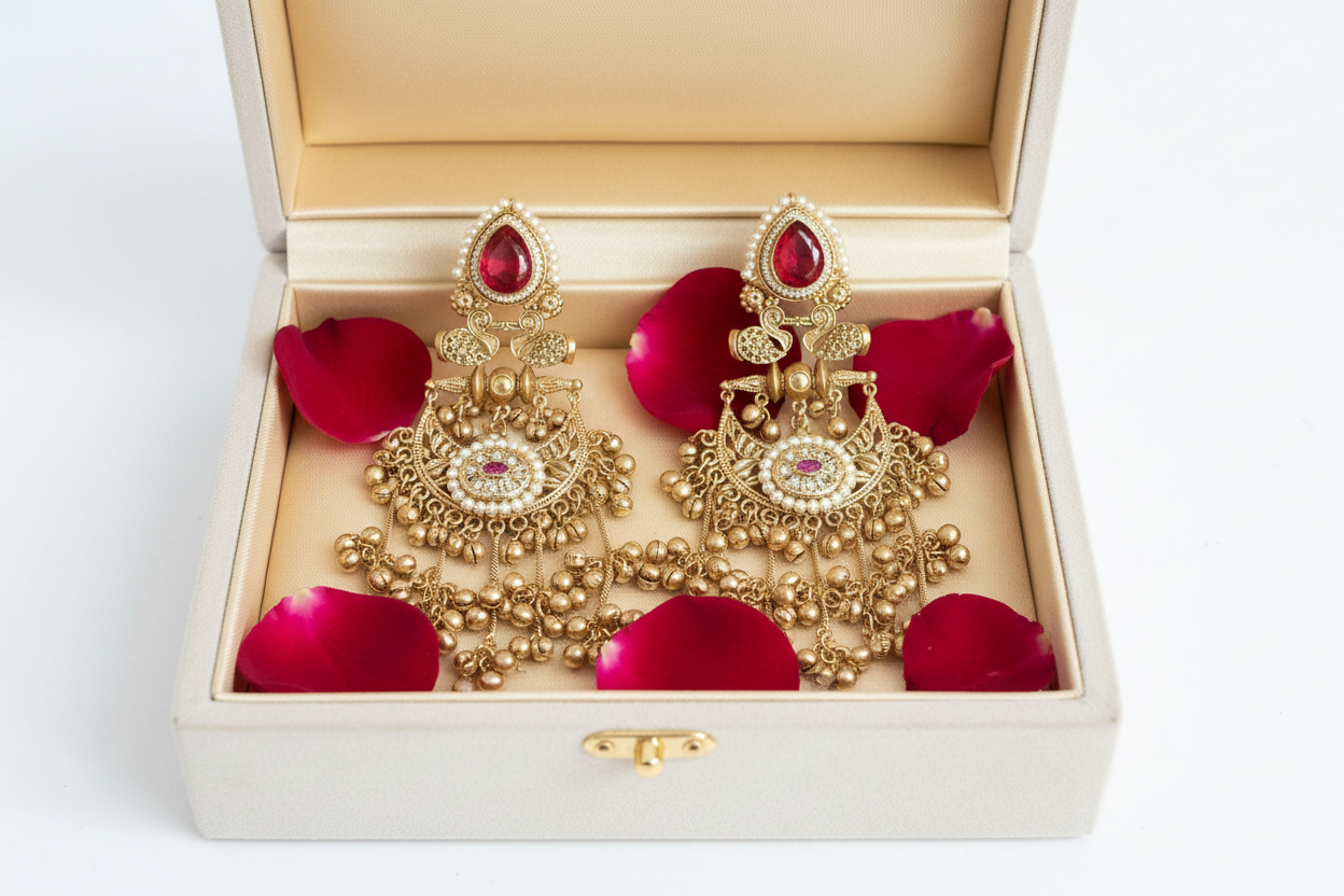 Ruby chandbali in cream velvet jewellery box