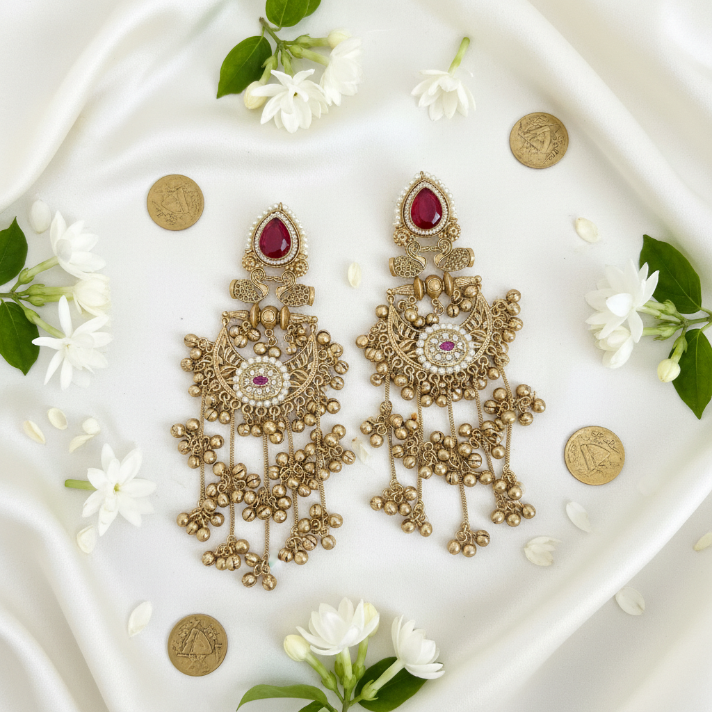 Ruby chandbali on ivory silk flat lay